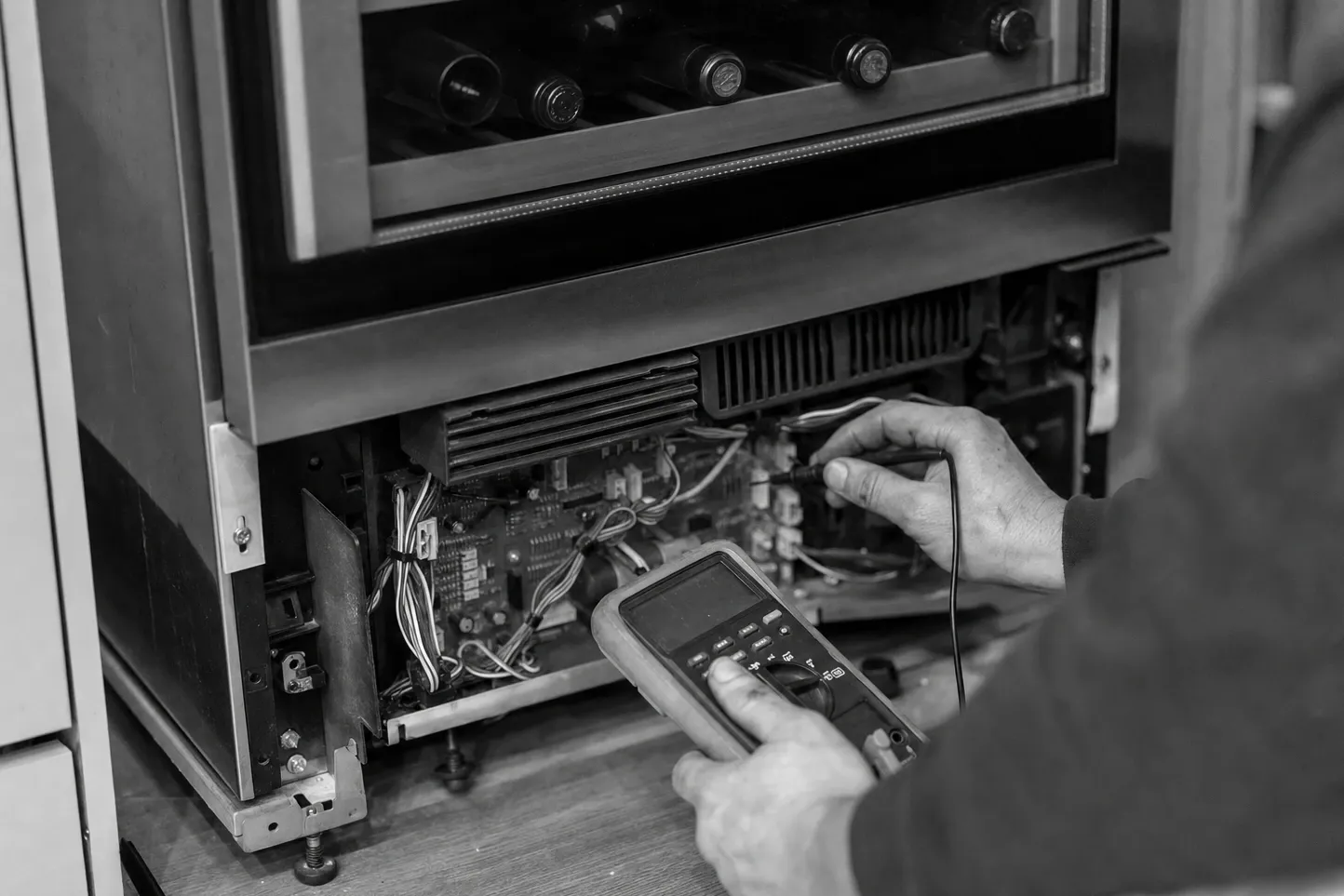 Black-and-white view of a multimeter probing the exposed control board of an undercounter wine cabinet, bottles on the racks above