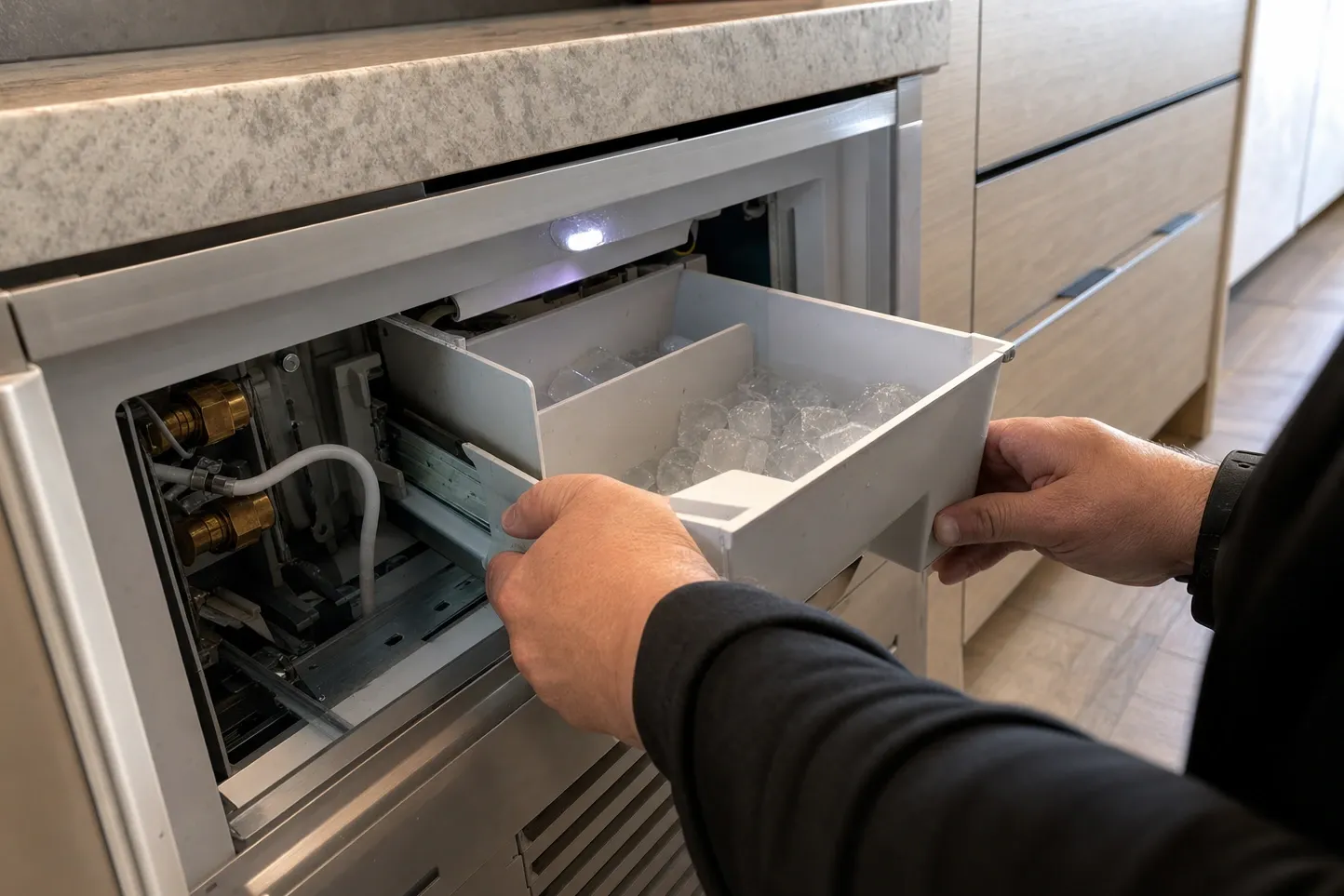 Hands drawing a white ice bin of clear cubes out of an undercounter ice maker, brass water-line fittings visible inside the cabinet