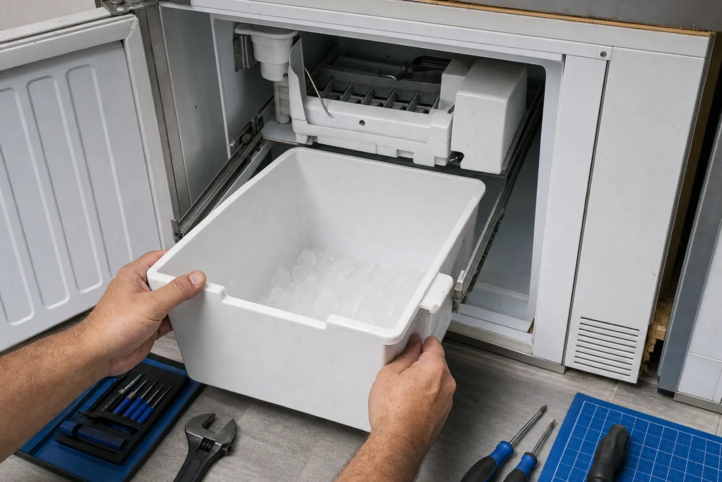 Hands lifting a white ice storage bin of cubes clear of an undercounter ice maker, driver set and adjustable wrench on the floor