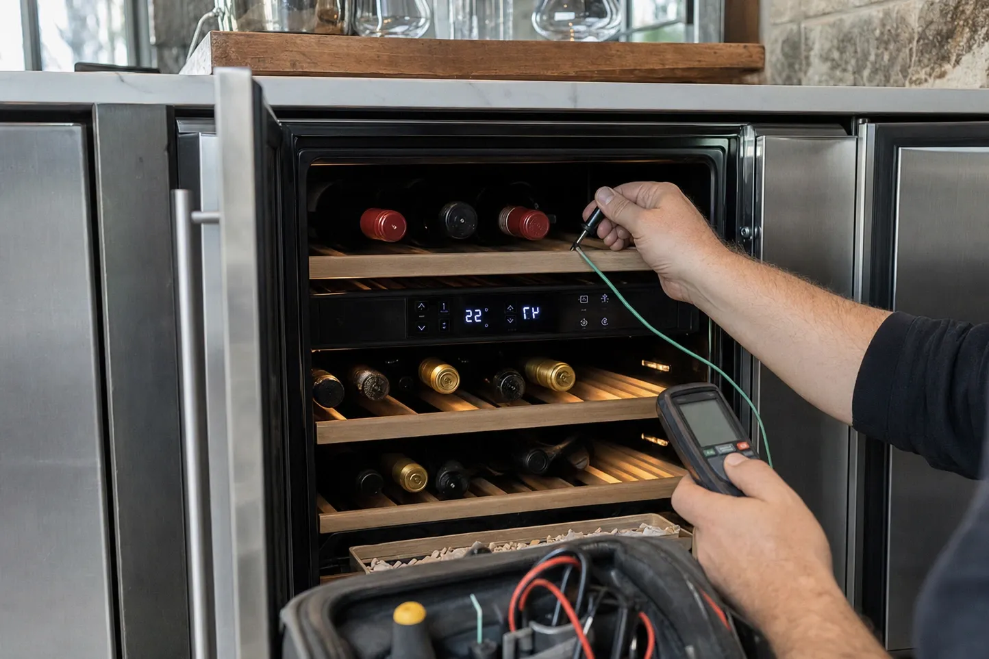 A thermometer probe being placed on the wooden shelf of a bottle-filled wine cabinet while the other hand holds the digital readout